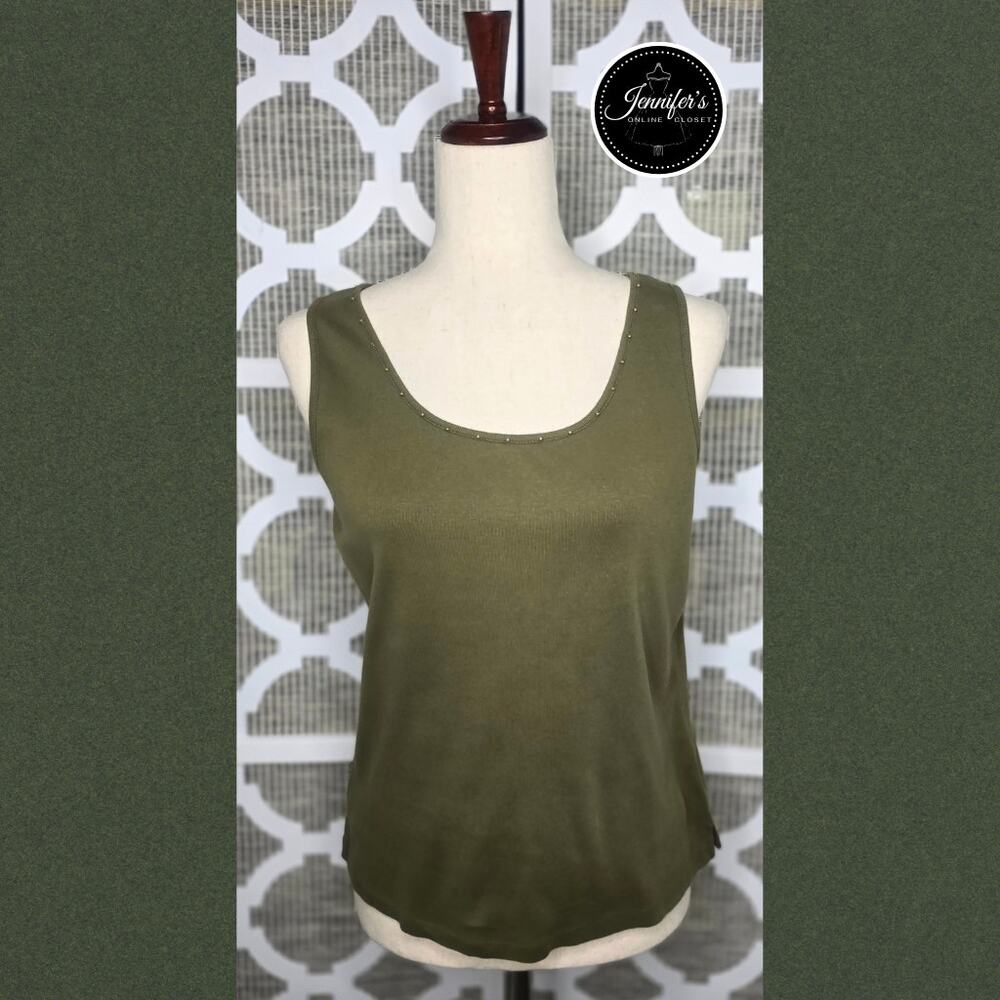 3/$25 j.h. collectibles Olive Green Scoop Neck Beaded Tank Top Size Medium